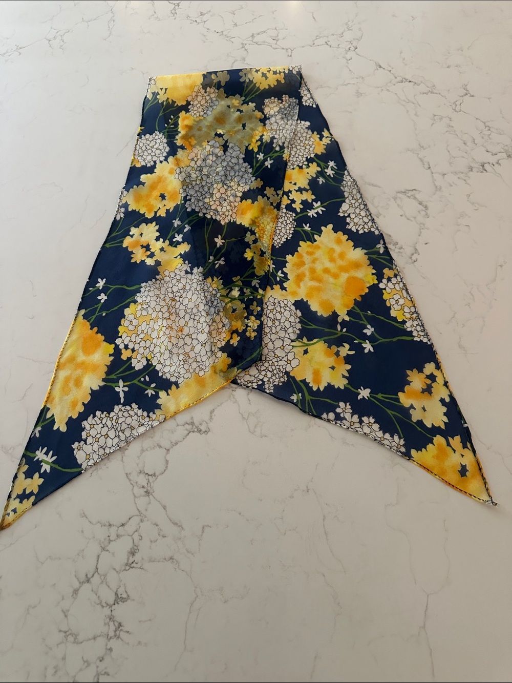 Navy Floral Chiffon Scarf with Yellow & White Blooms